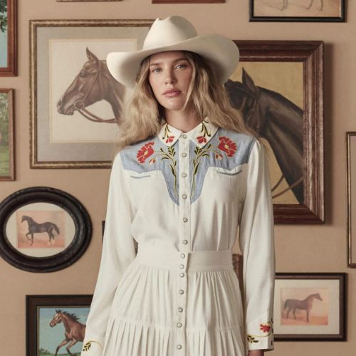 white christmas dresses Smak Parlour Red Embroidered Cowboy Cat Western Flare Dress – Unique Vintage main image 0