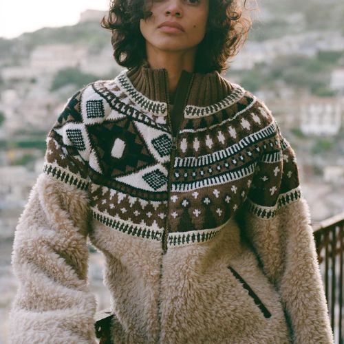 Linea Fair Isle Knit Combo Fleece Jacket - Sea NY