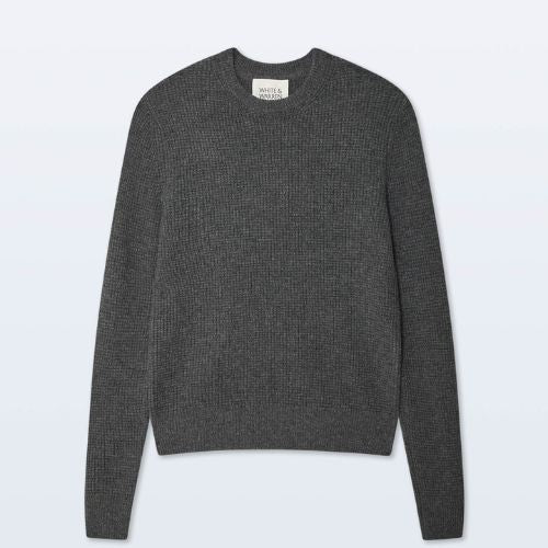 Cashmere Blend Waffle Crewneck in Dark Granite - White + Warren