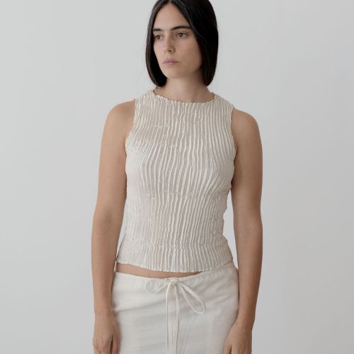 Plisse Satin Silk Tank Top - Azur