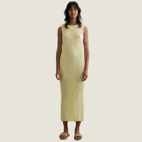 Plisse Satin Silk Tank Long Dress - Azur