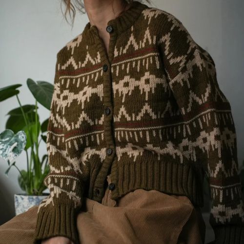 Sugi-Sue Recycled Wool Knitted Cardigan - Olive Marl Fair Isle - Beaumont Organic