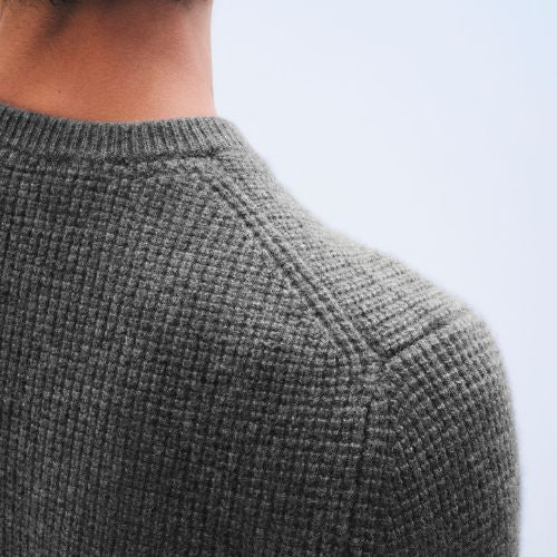 Cashmere Blend Waffle Crewneck in Dark Granite - White + Warren