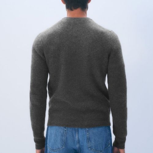 Cashmere Blend Waffle Crewneck in Dark Granite - White + Warren