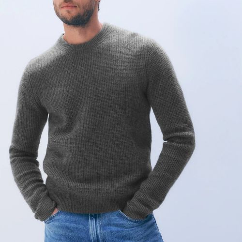 Cashmere Blend Waffle Crewneck in Dark Granite - White + Warren